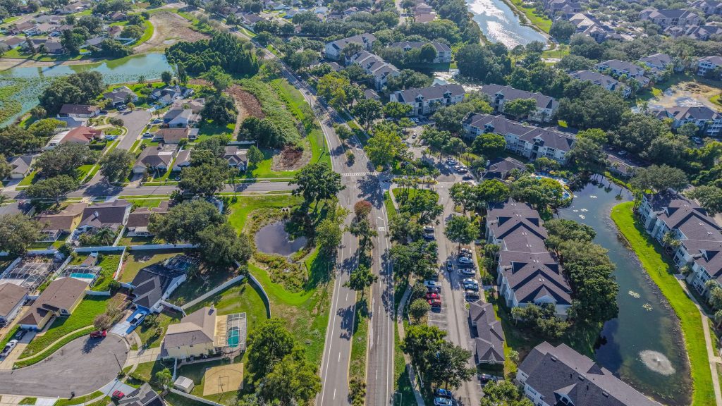 Aerial view of a north Tampa neighborhood with ponds and mature trees